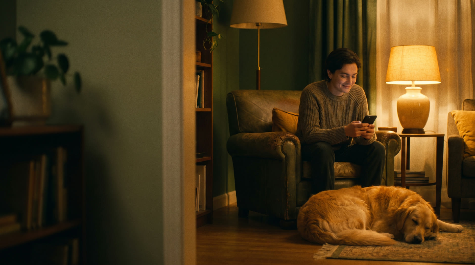 An owner reading on a phone, a golden retriever asleep on the rug