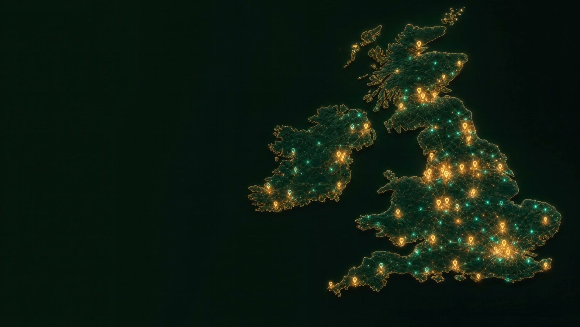 A map of Britain and Ireland lit with practice locations